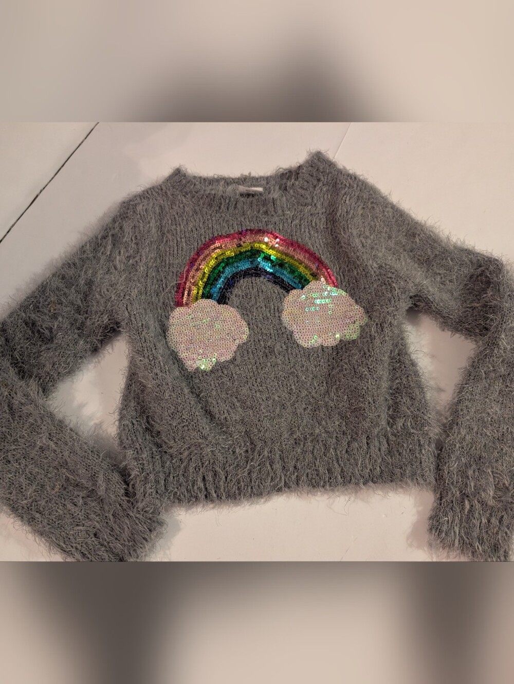 Girls Sz 4-5 Gray Fuzzy Sweater with Sequin Rainbow
